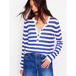 Boden Henley Linen Jumper Blue White Striped Knit Sweater K1068 Womens Medium